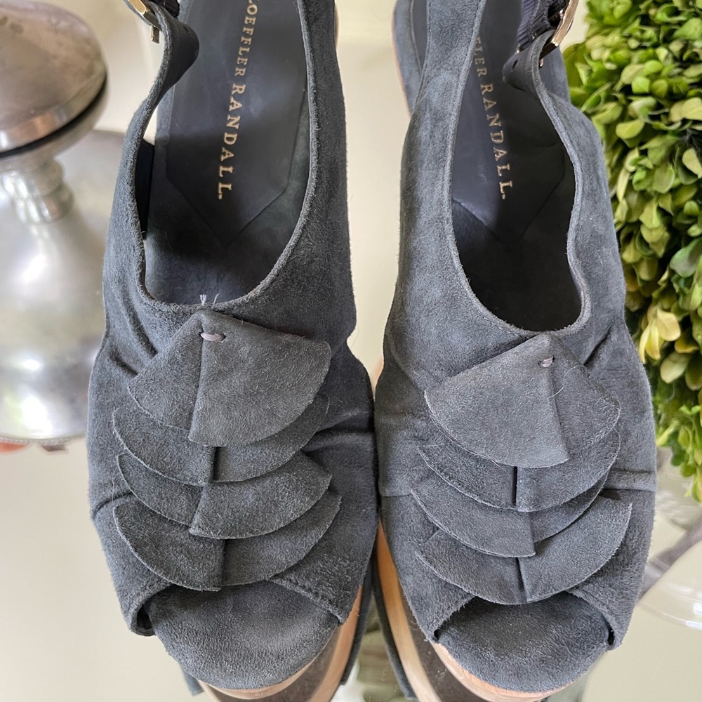 Loeffler Randall Suede Ruffle Wood Wedges, size 6 1/2